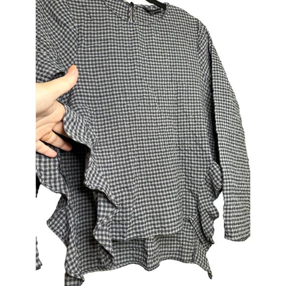 Zara Gingham Long Sleeve Grey Black Gingham Print Ruffle Hi Lo Blouse Size XS - Picture 3 of 6